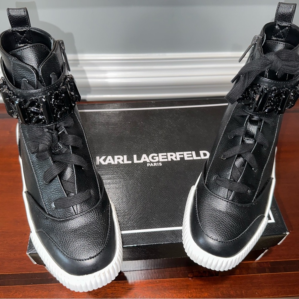 NIB, KARL LAGERFELD, BLACK NAPPA LEATHER, HIGH-TOP DESIGNER SNEAKERS